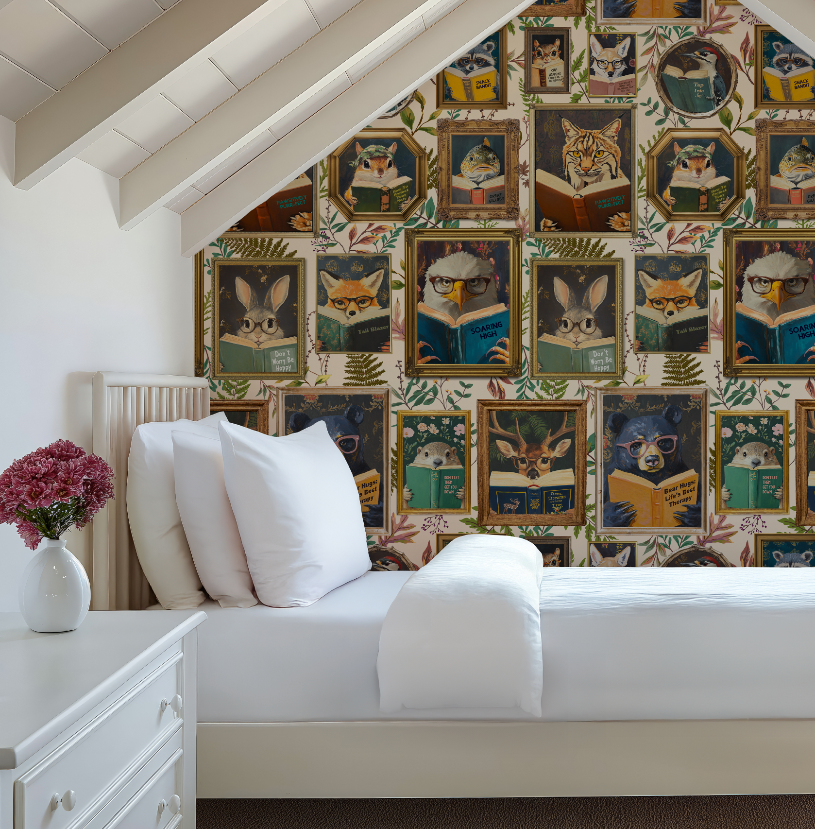 Whimsical Animals Reading Wallpaper - Cabin In the Woods Version - Ivory