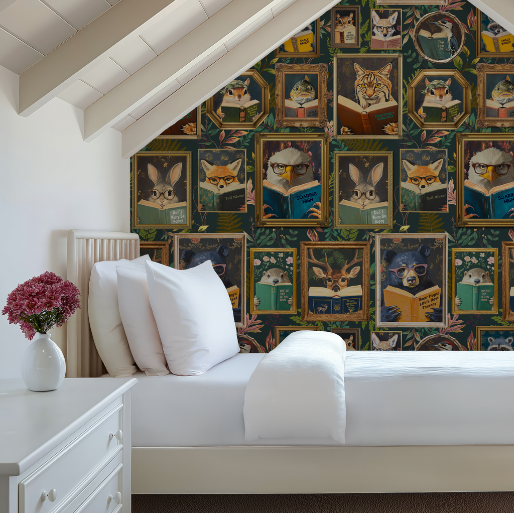 Whimsical Animals Reading Wallpaper - Cabin In the Woods Version - Green
