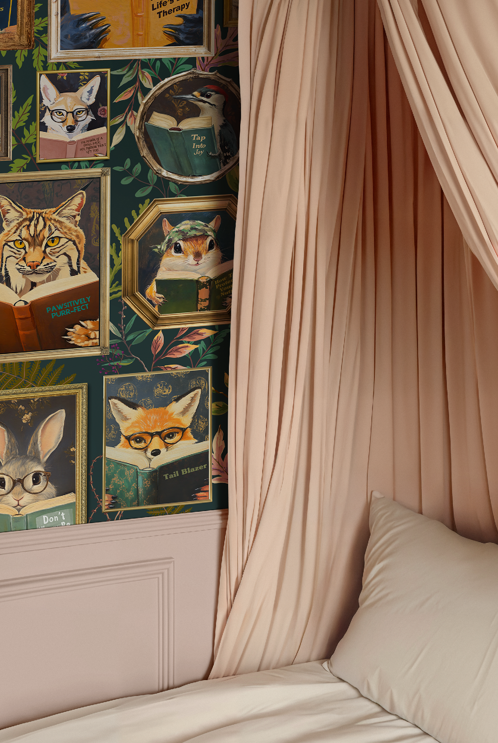 Whimsical Animals Reading Wallpaper - Cabin In the Woods Version - Green