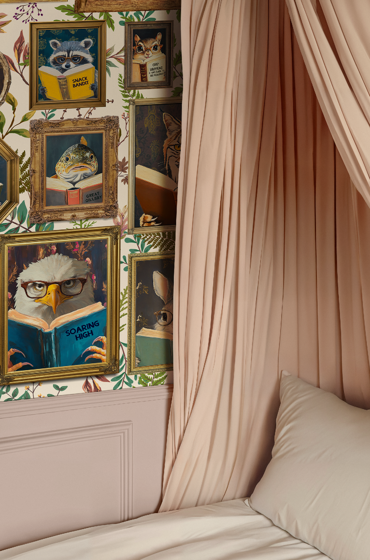 Whimsical Animals Reading Wallpaper - Cabin In the Woods Version - Ivory