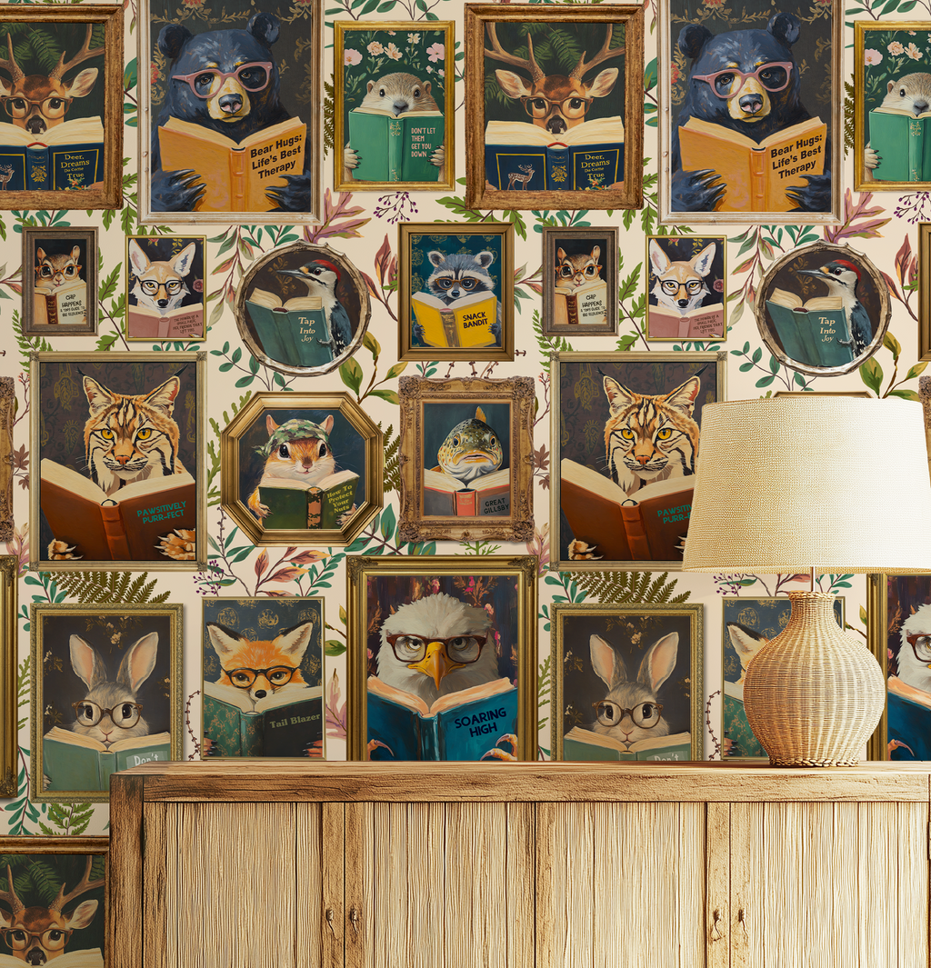 Whimsical Animals Reading Wallpaper - Cabin In the Woods Version - Ivory
