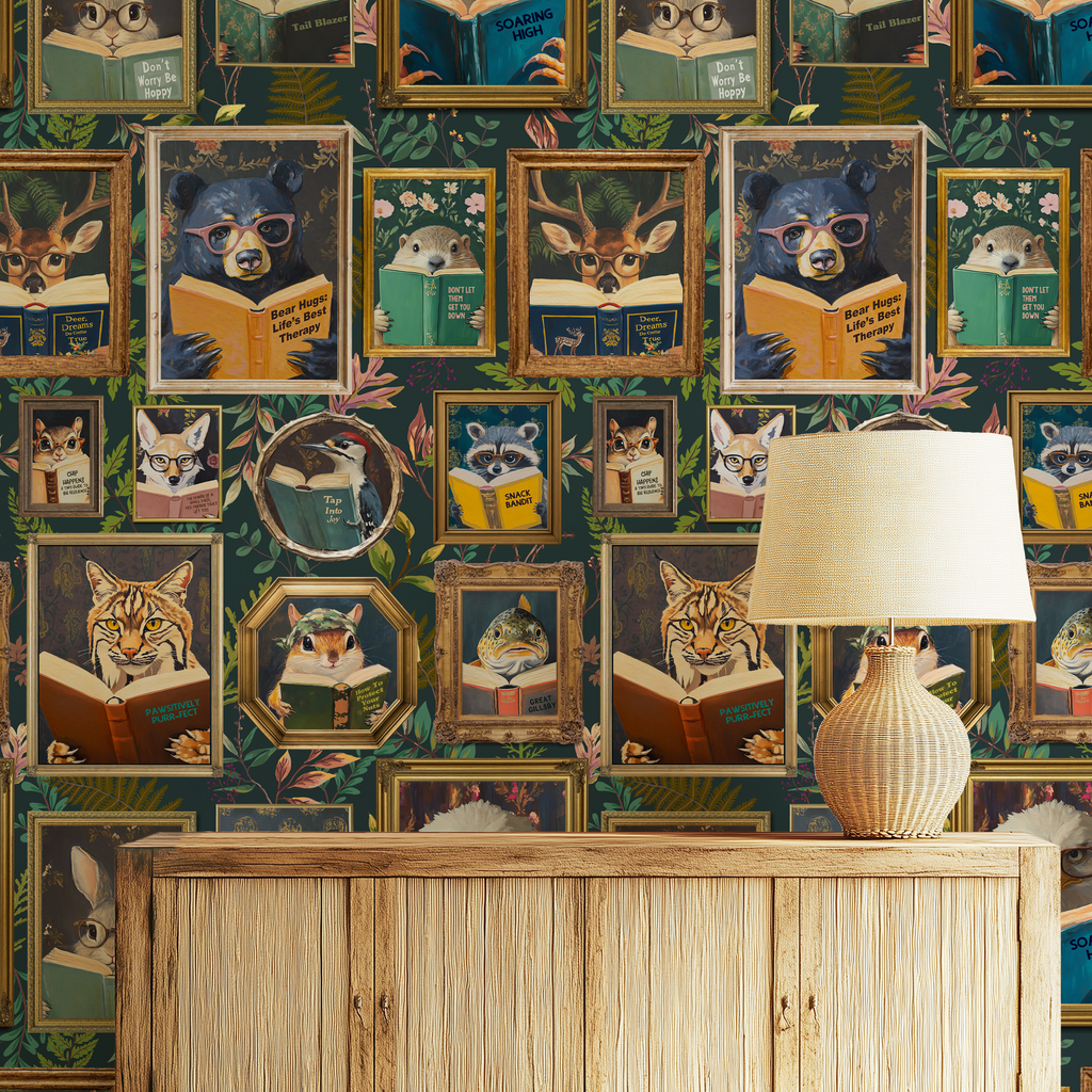 Whimsical Animals Reading Wallpaper - Cabin In the Woods Version - Green
