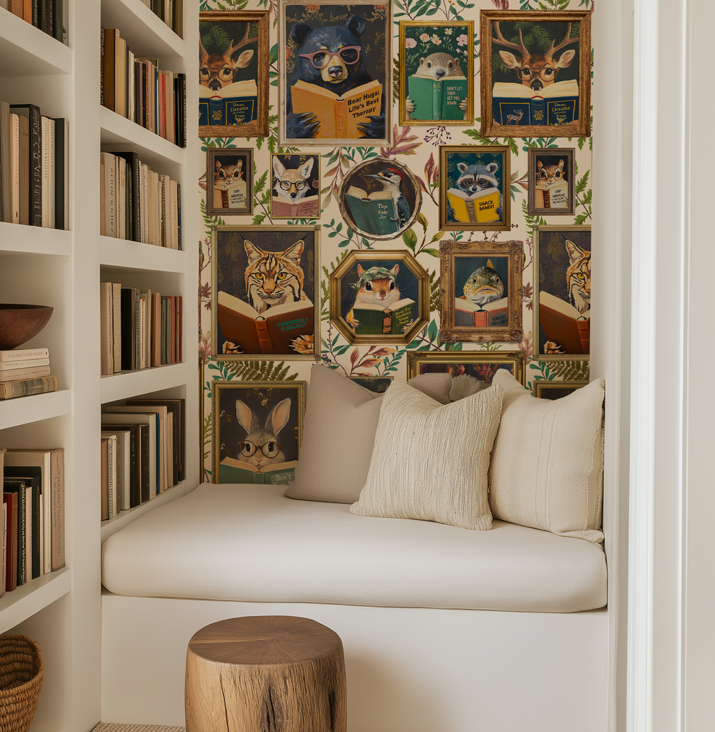Whimsical Animals Reading Wallpaper - Cabin In the Woods Version - Ivory