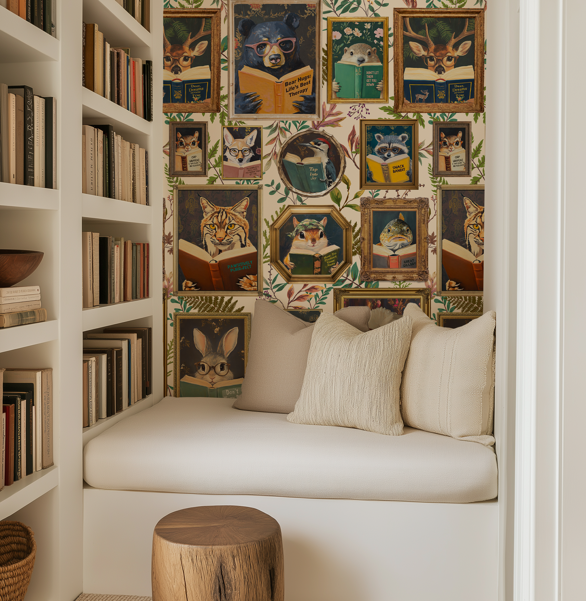 Whimsical Animals Reading Wallpaper - Cabin In the Woods Version - Ivory