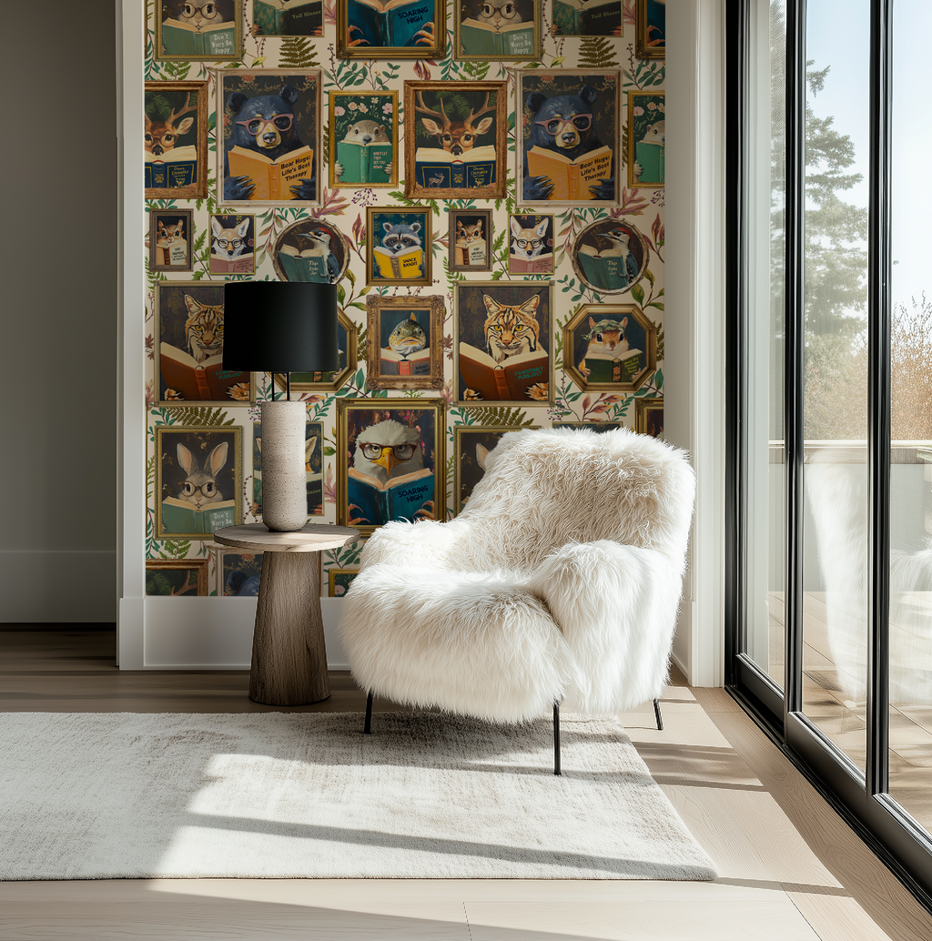 Whimsical Animals Reading Wallpaper - Cabin In the Woods Version - Ivory
