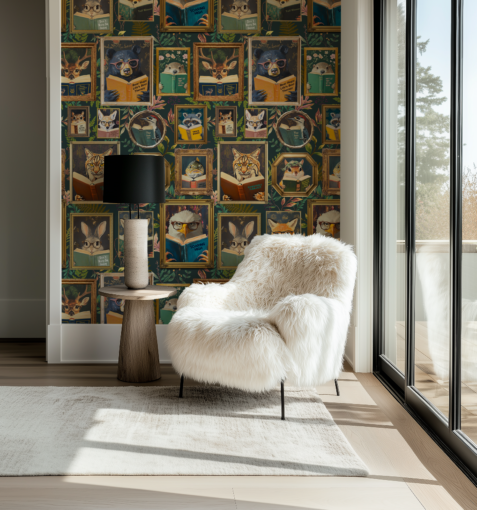 Whimsical Animals Reading Wallpaper - Cabin In the Woods Version - Green