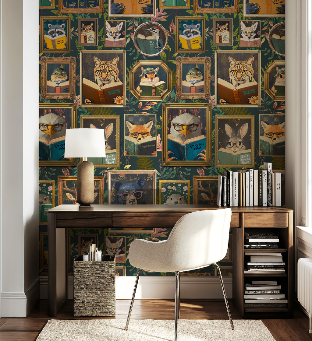 Whimsical Animals Reading Wallpaper - Cabin In the Woods Version - Green
