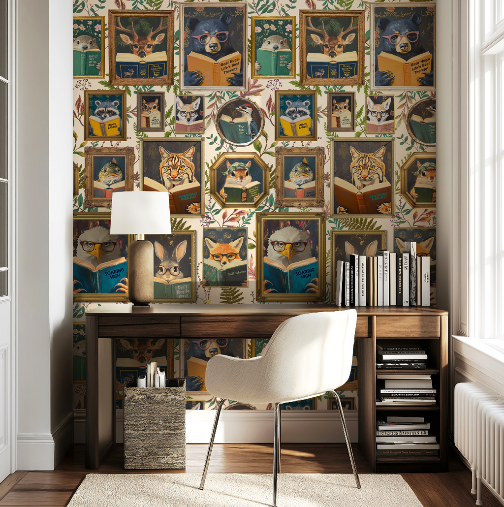 Whimsical Animals Reading Wallpaper - Cabin In the Woods Version - Ivory