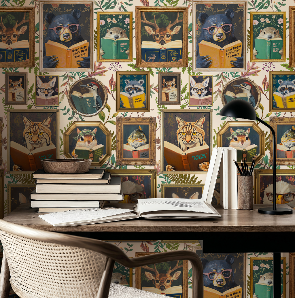 Whimsical Animals Reading Wallpaper - Cabin In the Woods Version - Ivory