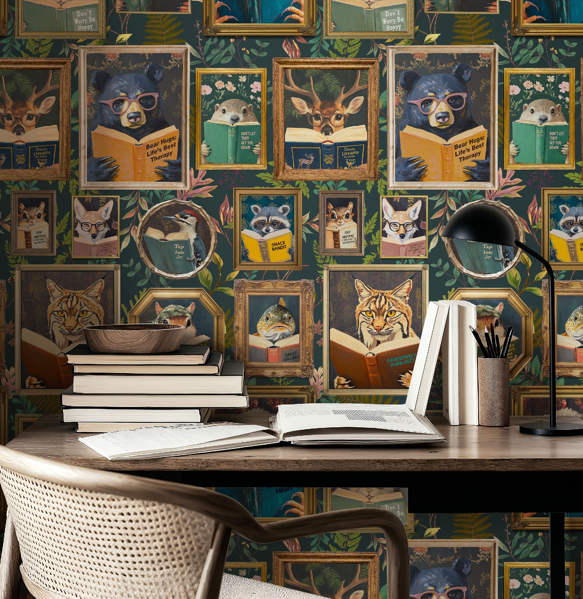 Whimsical Animals Reading Wallpaper - Cabin In the Woods Version - Green