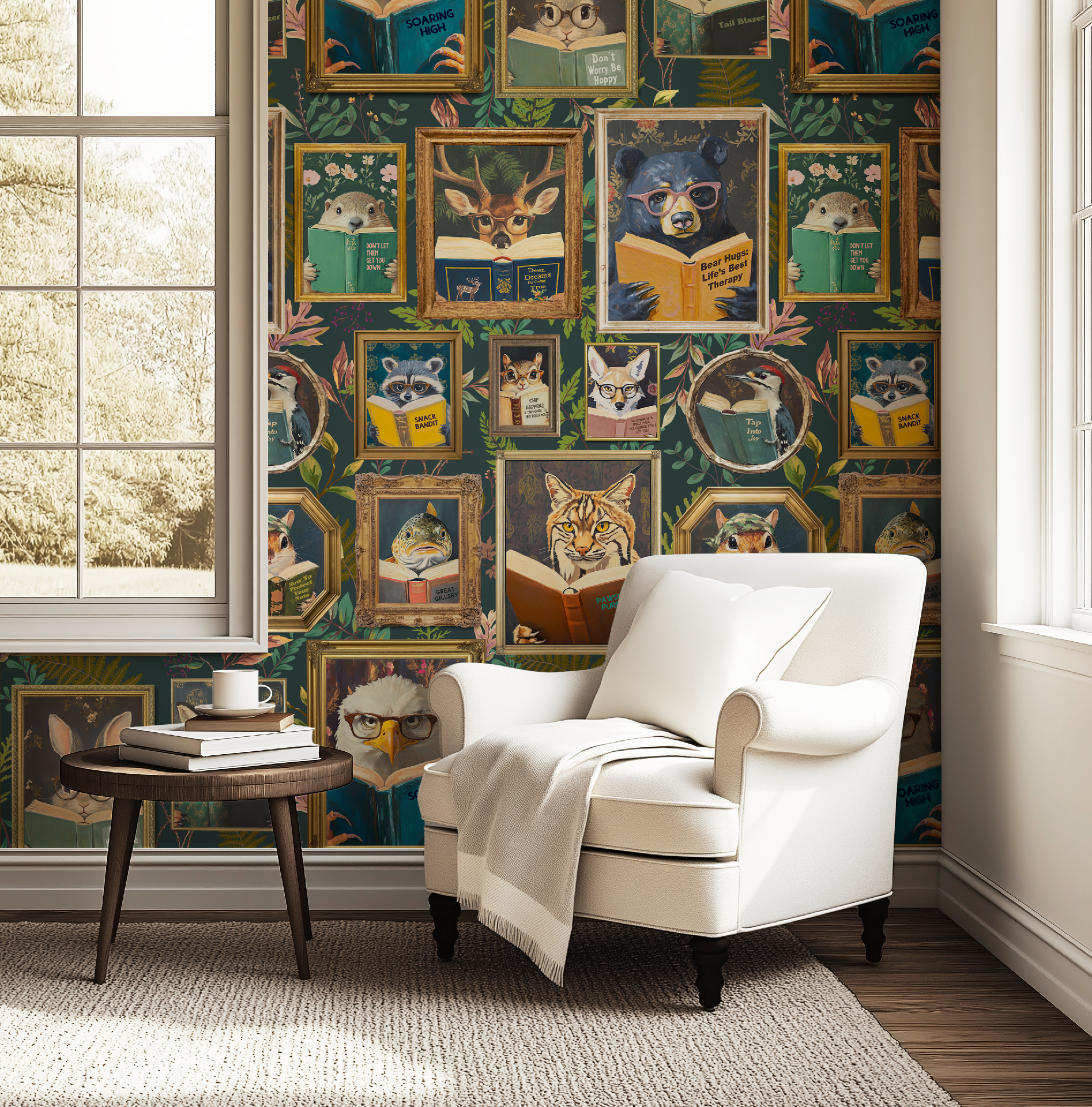 Whimsical Animals Reading Wallpaper - Cabin In the Woods Version - Green