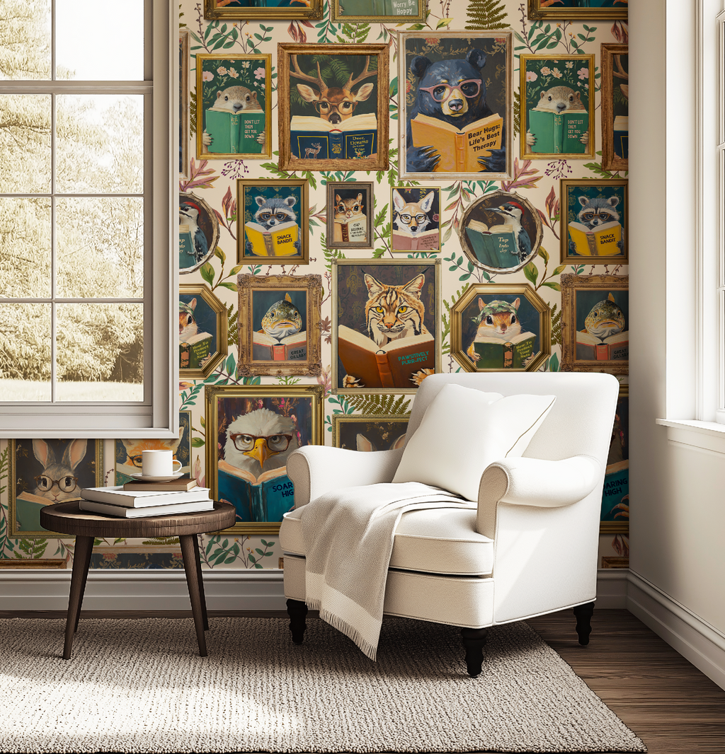 Whimsical Animals Reading Wallpaper - Cabin In the Woods Version - Ivory