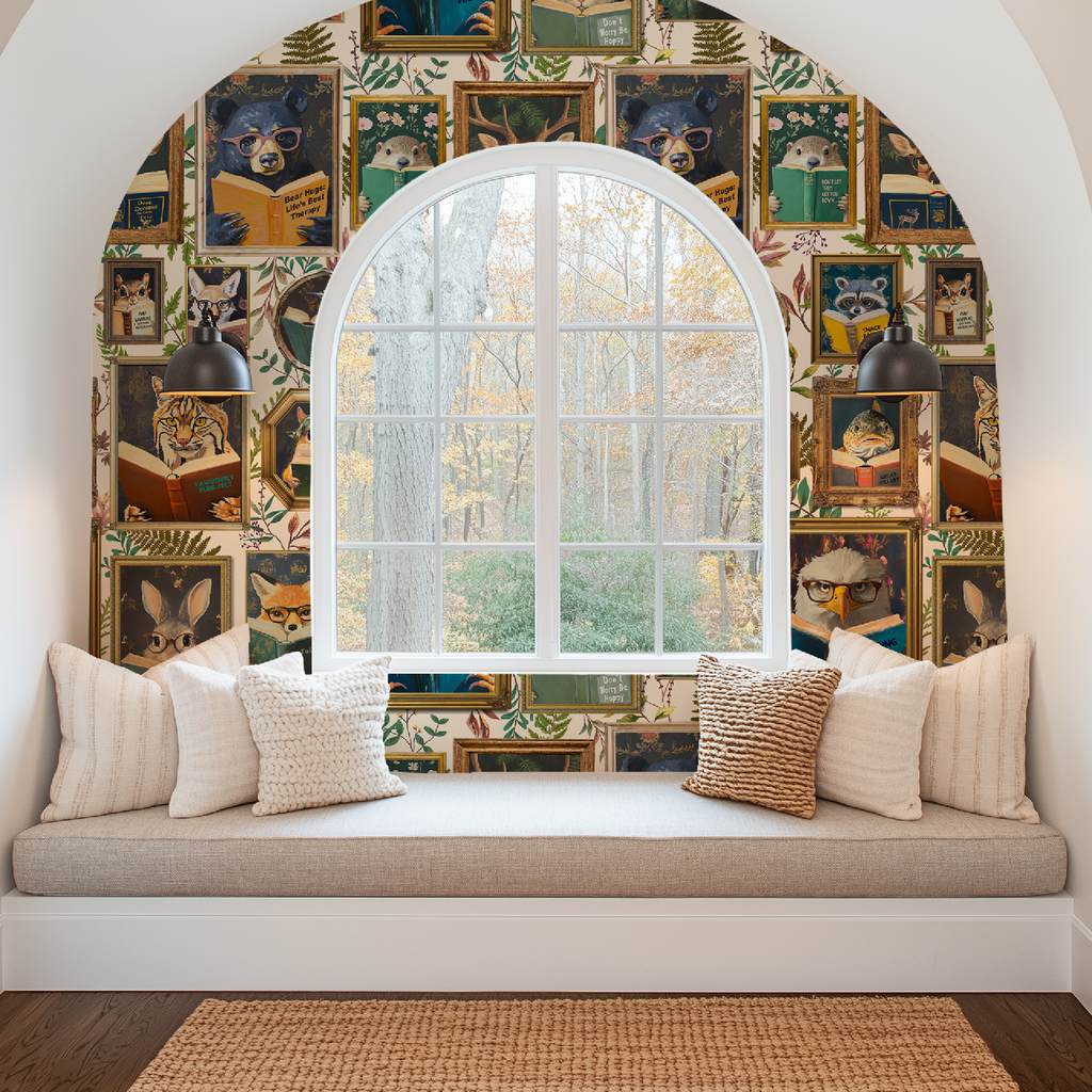 Whimsical Animals Reading Wallpaper - Cabin In the Woods Version - Ivory