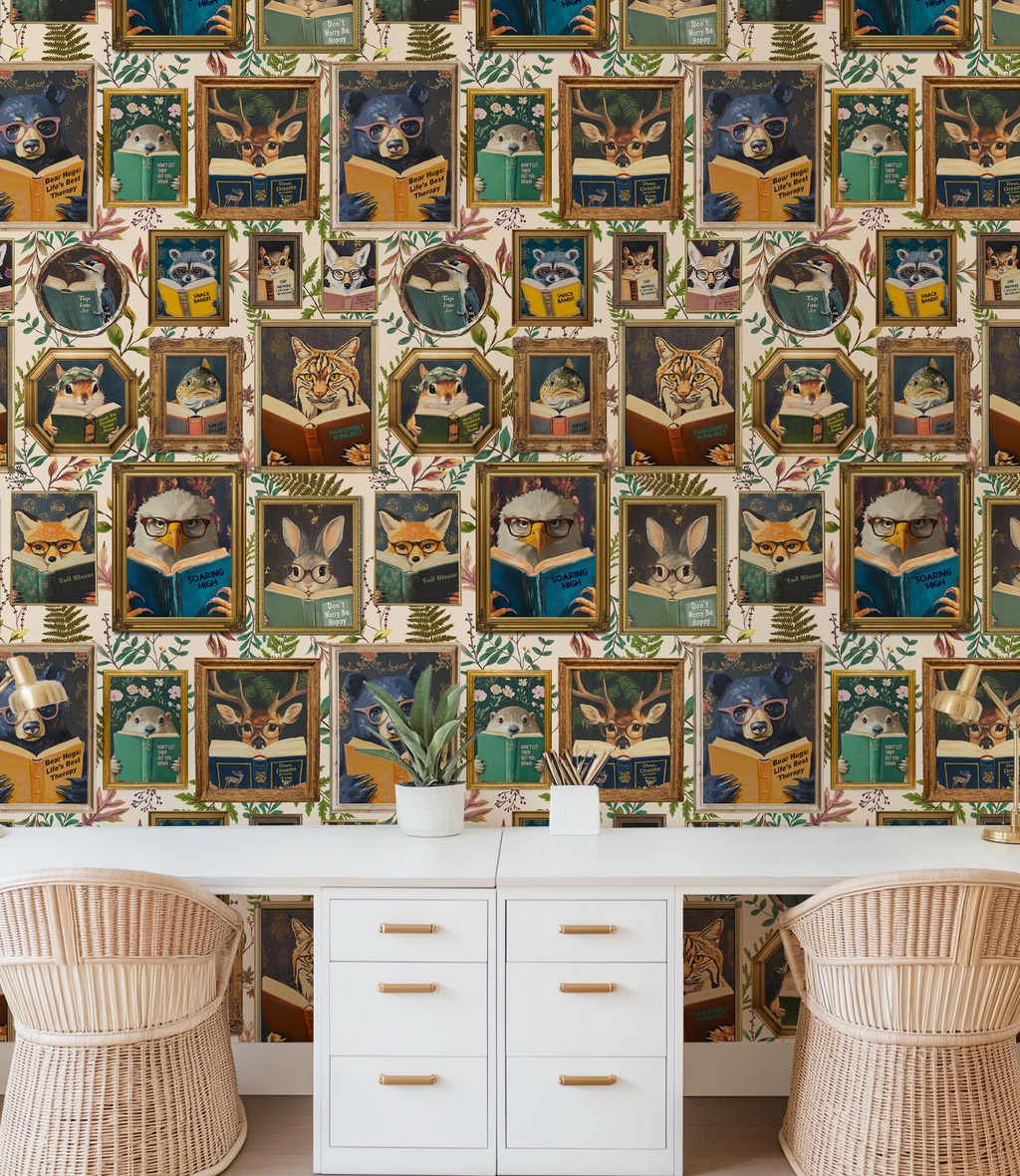 Whimsical Animals Reading Wallpaper - Cabin In the Woods Version - Ivory
