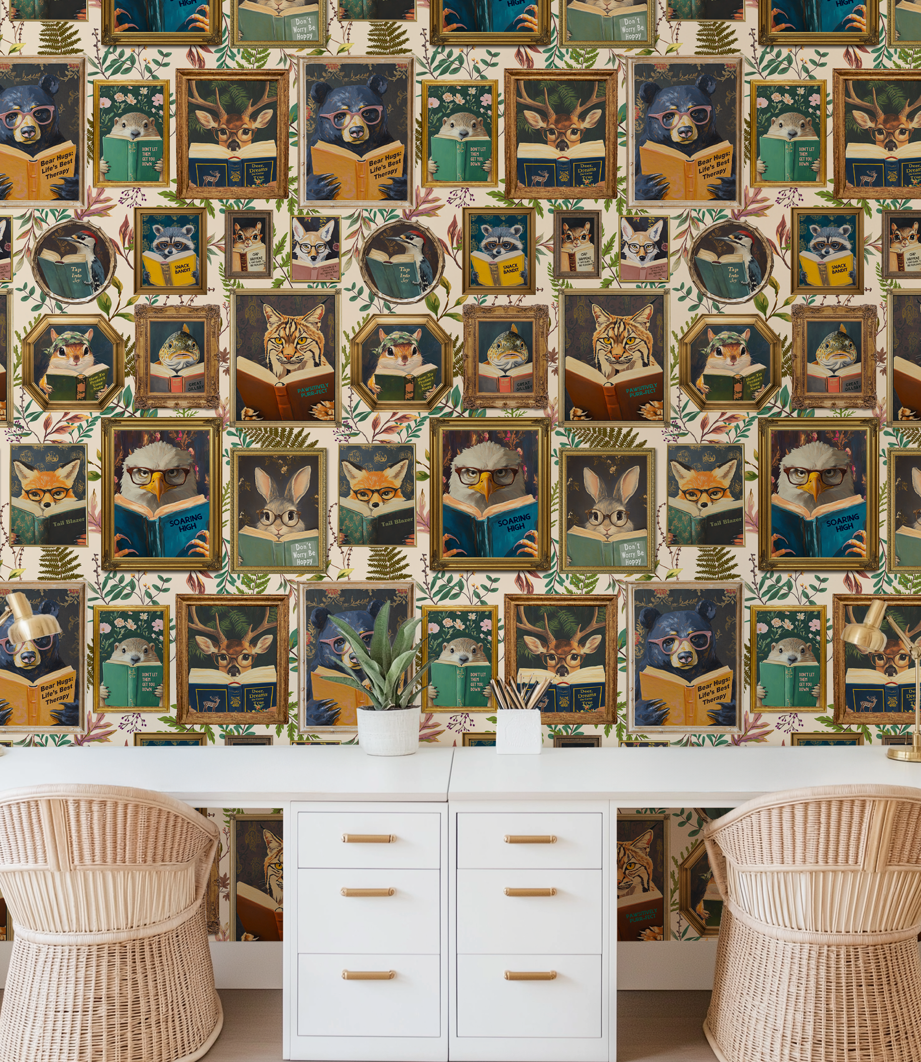 Whimsical Animals Reading Wallpaper - Cabin In the Woods Version - Ivory