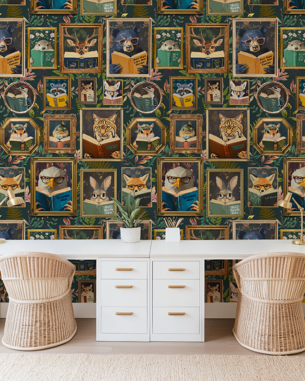 Whimsical Animals Reading Wallpaper - Cabin In the Woods Version - Green