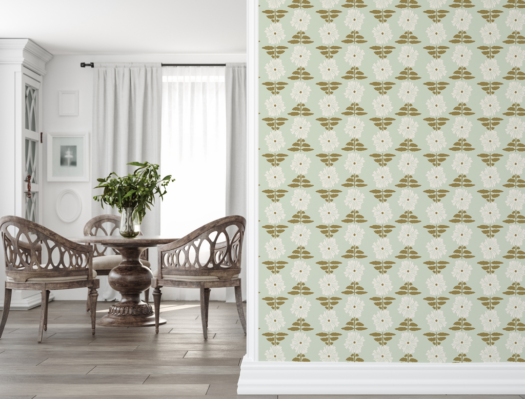 Vibrant Retro Floral Wallpaper - Mint Green Background