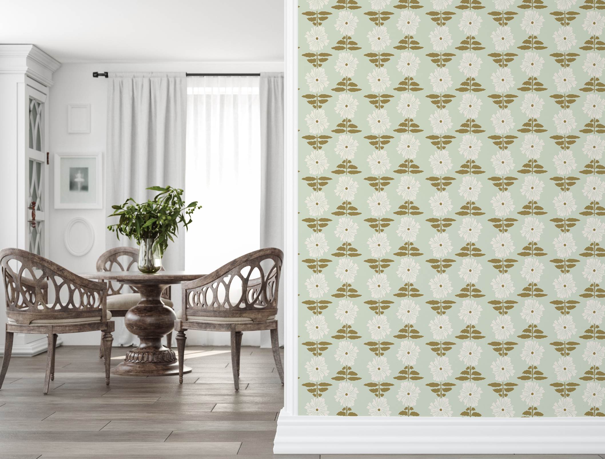 Vibrant Retro Floral Wallpaper - Mint Green Background