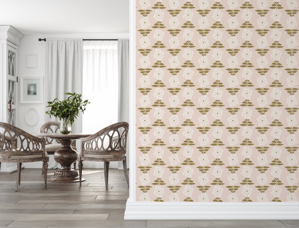 Vibrant Retro Floral Wallpaper - Blush Pink Background