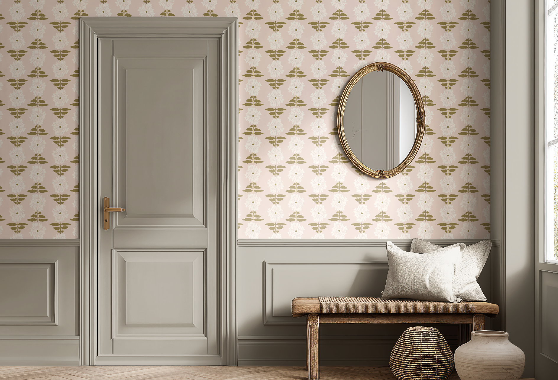 Vibrant Retro Floral Wallpaper - Blush Pink Background