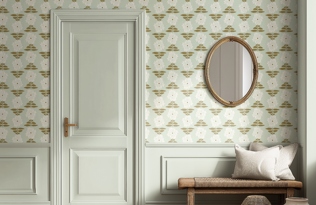 Vibrant Retro Floral Wallpaper - Mint Green Background