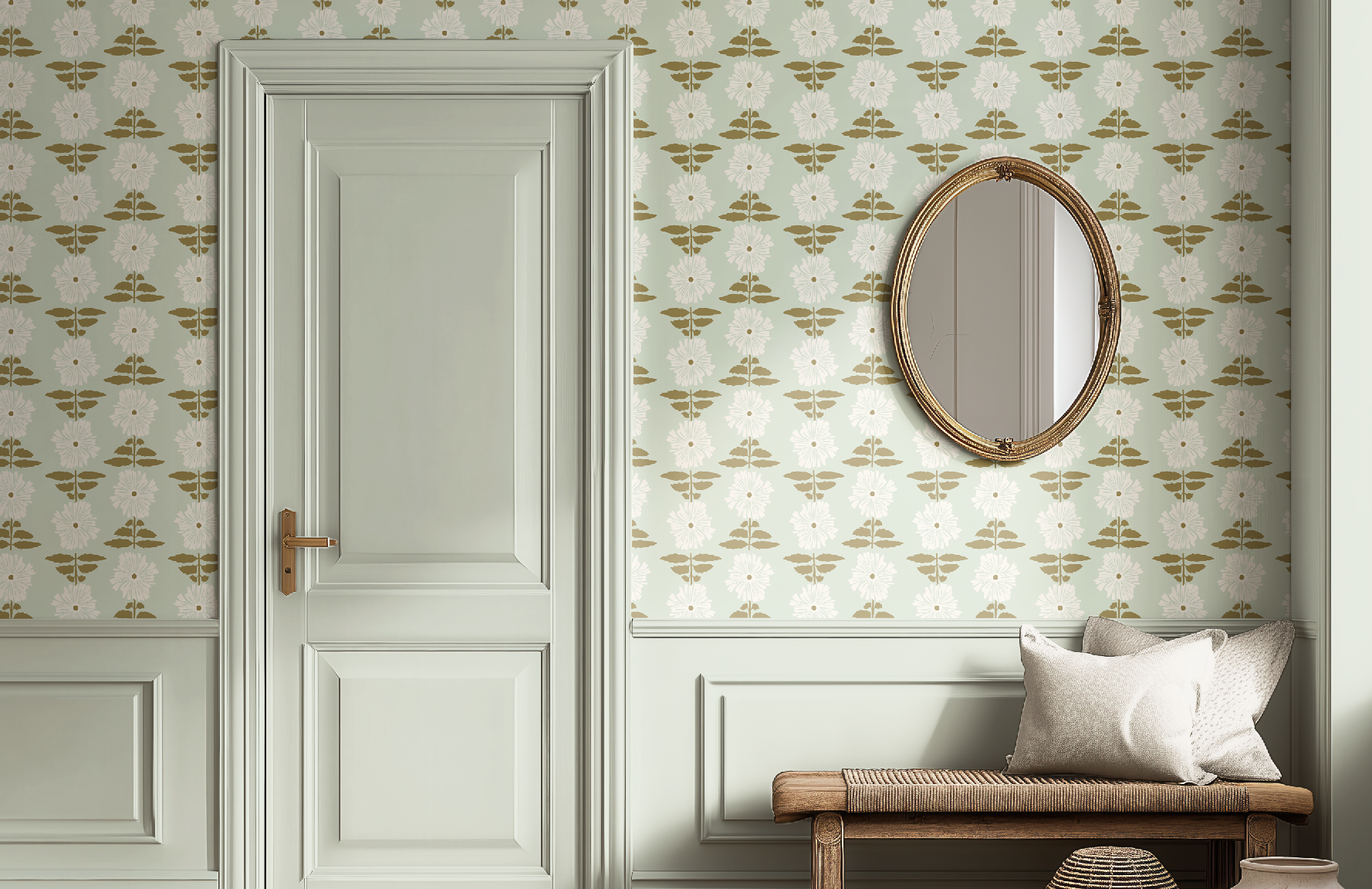 Vibrant Retro Floral Wallpaper - Mint Green Background