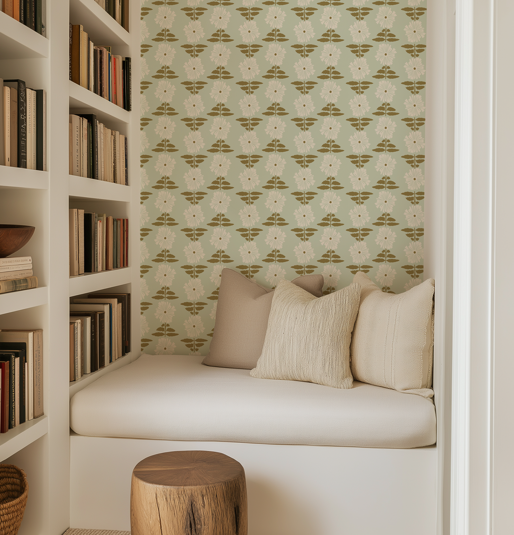 Vibrant Retro Floral Wallpaper - Mint Green Background