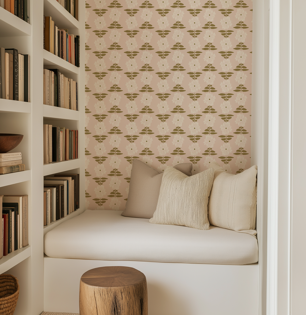 Vibrant Retro Floral Wallpaper - Blush Pink Background