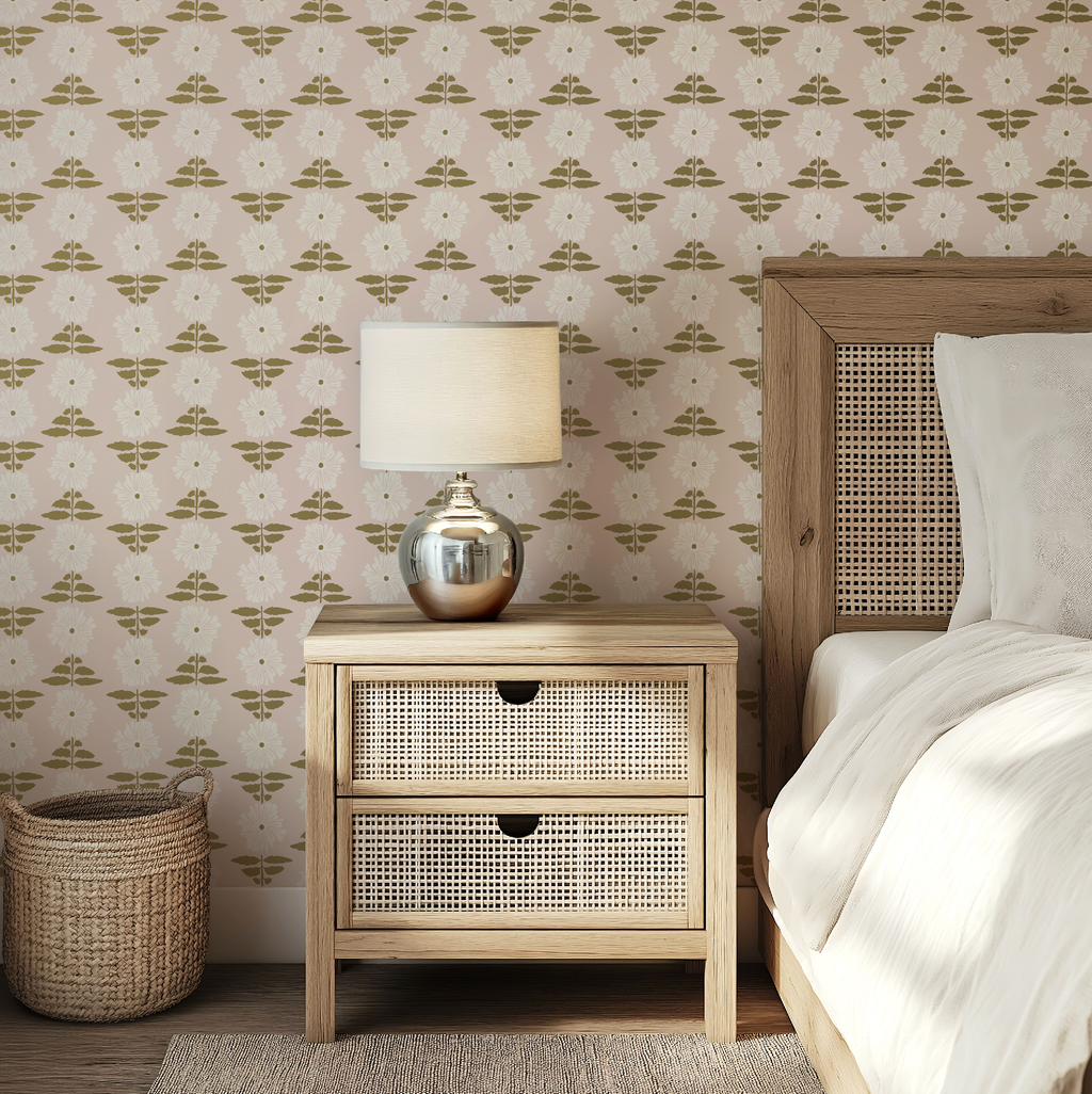 Vibrant Retro Floral Wallpaper - Blush Pink Background