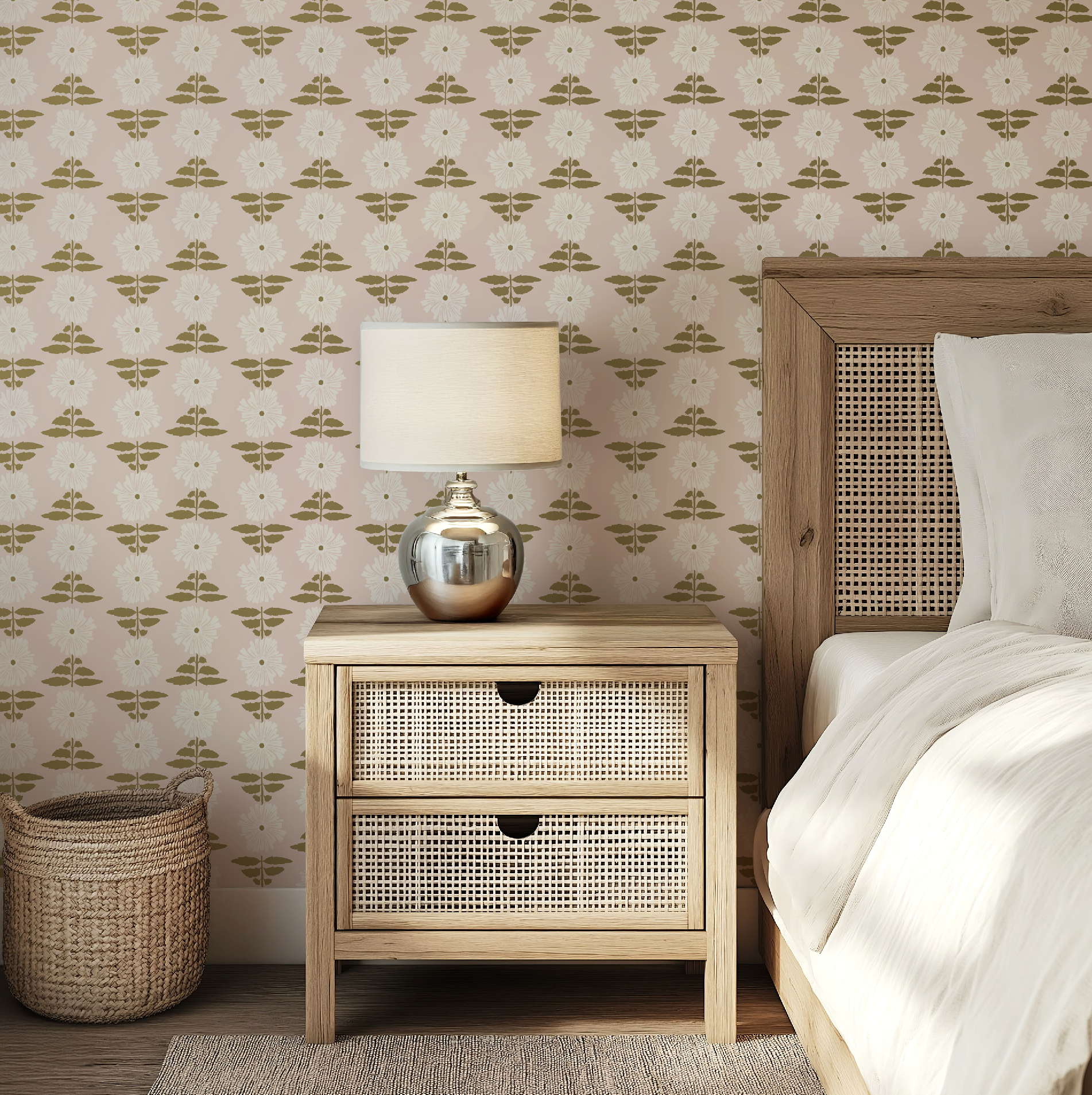 Vibrant Retro Floral Wallpaper - Blush Pink Background
