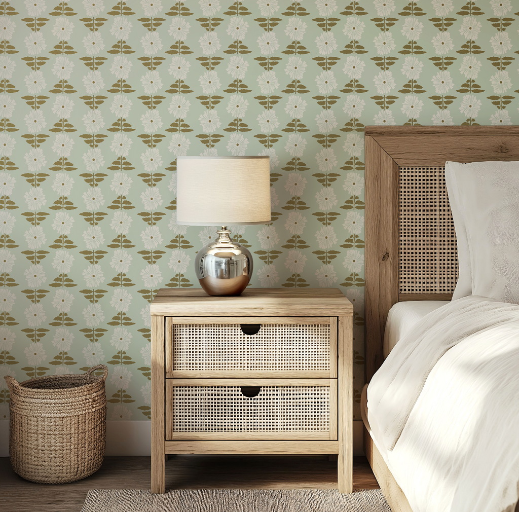 Vibrant Retro Floral Wallpaper - Mint Green Background