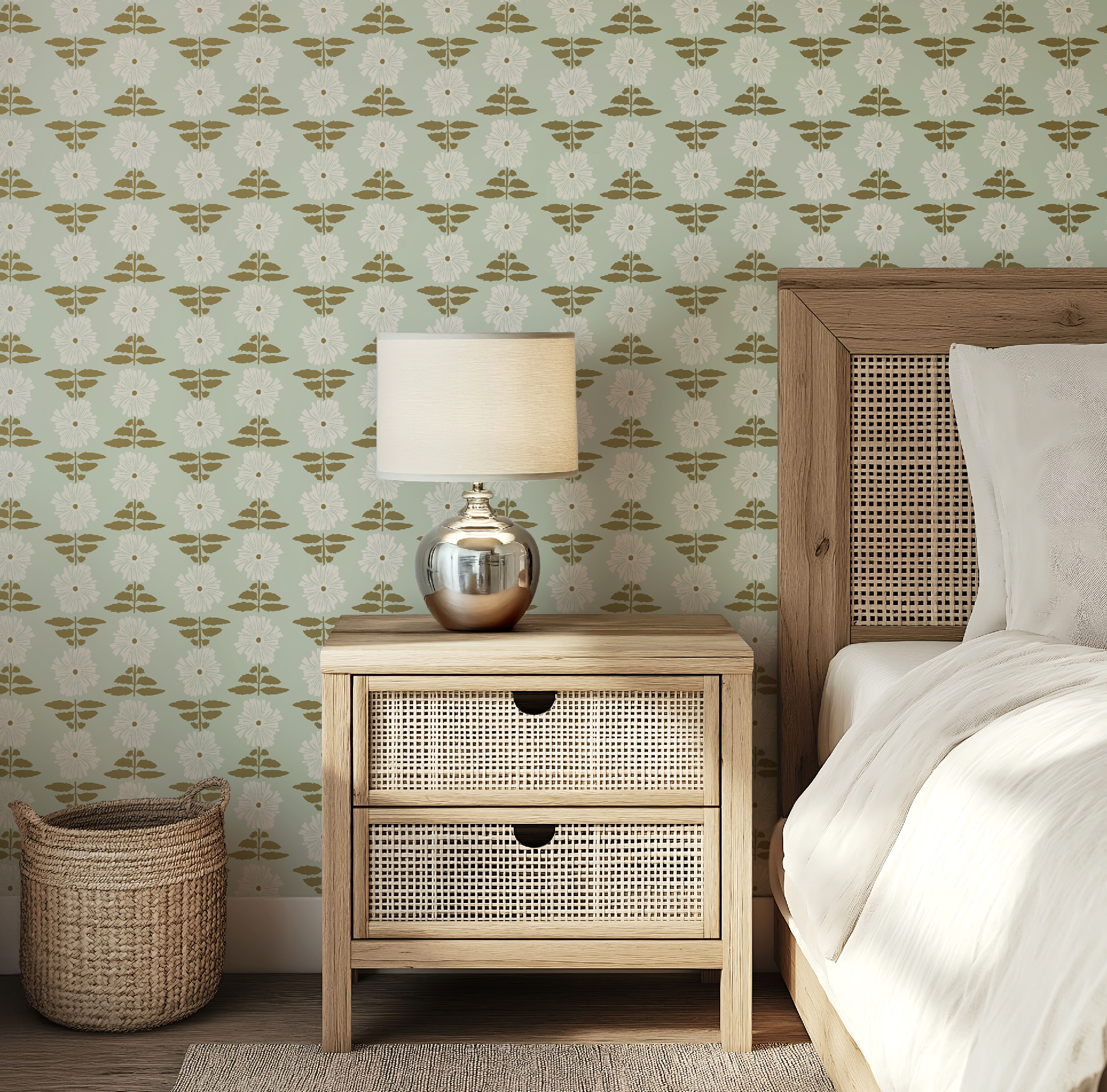 Vibrant Retro Floral Wallpaper - Mint Green Background