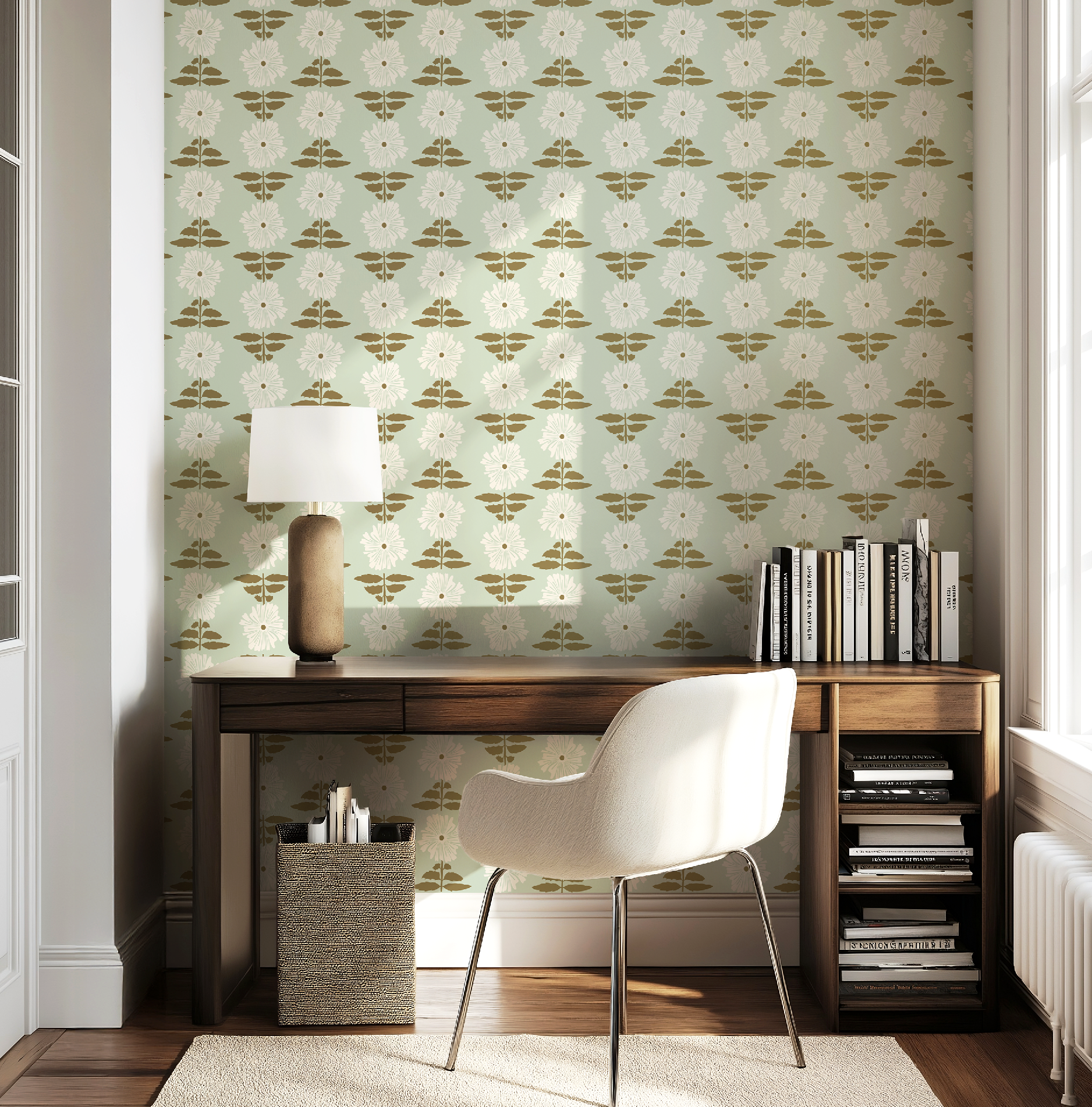 Vibrant Retro Floral Wallpaper - Mint Green Background