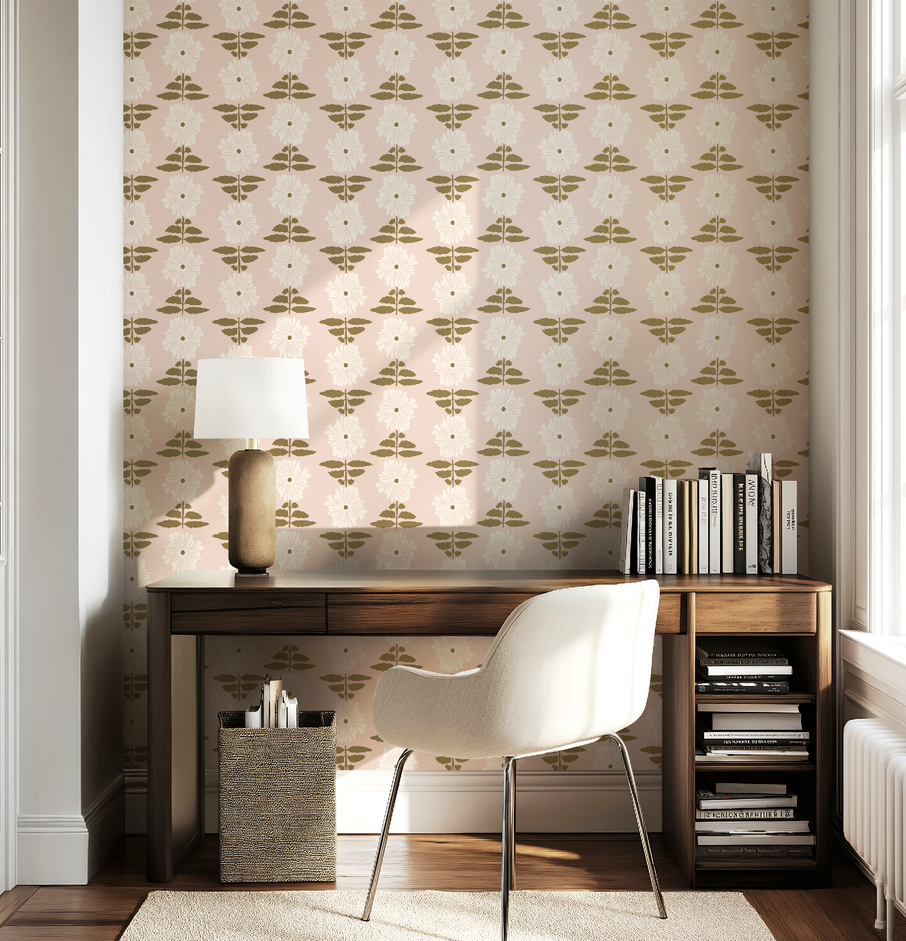 Vibrant Retro Floral Wallpaper - Blush Pink Background