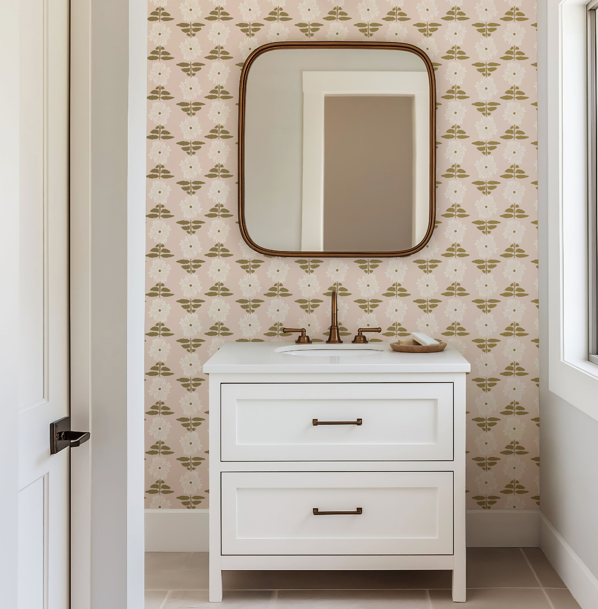 Vibrant Retro Floral Wallpaper - Blush Pink Background