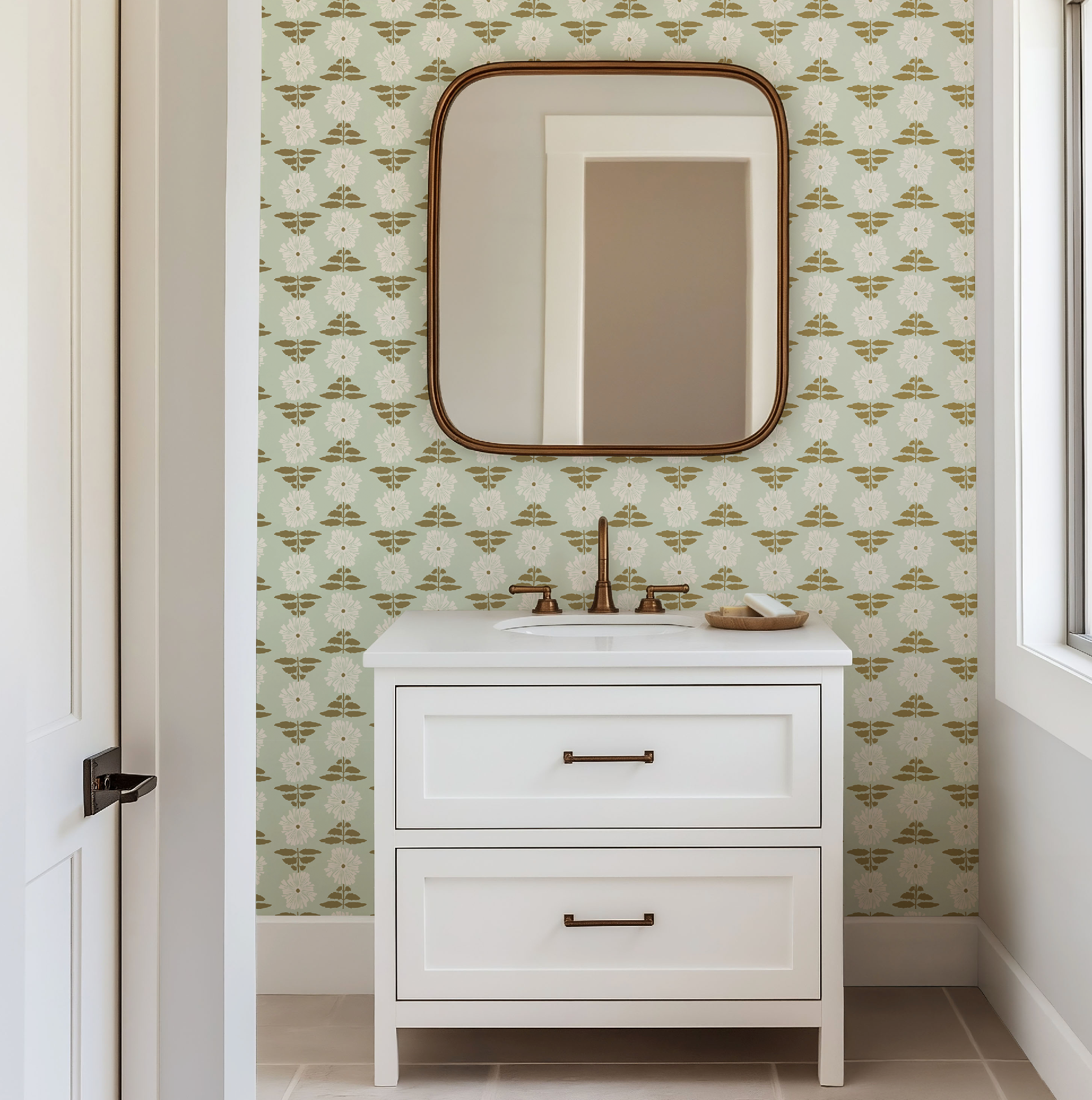 Vibrant Retro Floral Wallpaper - Mint Green Background