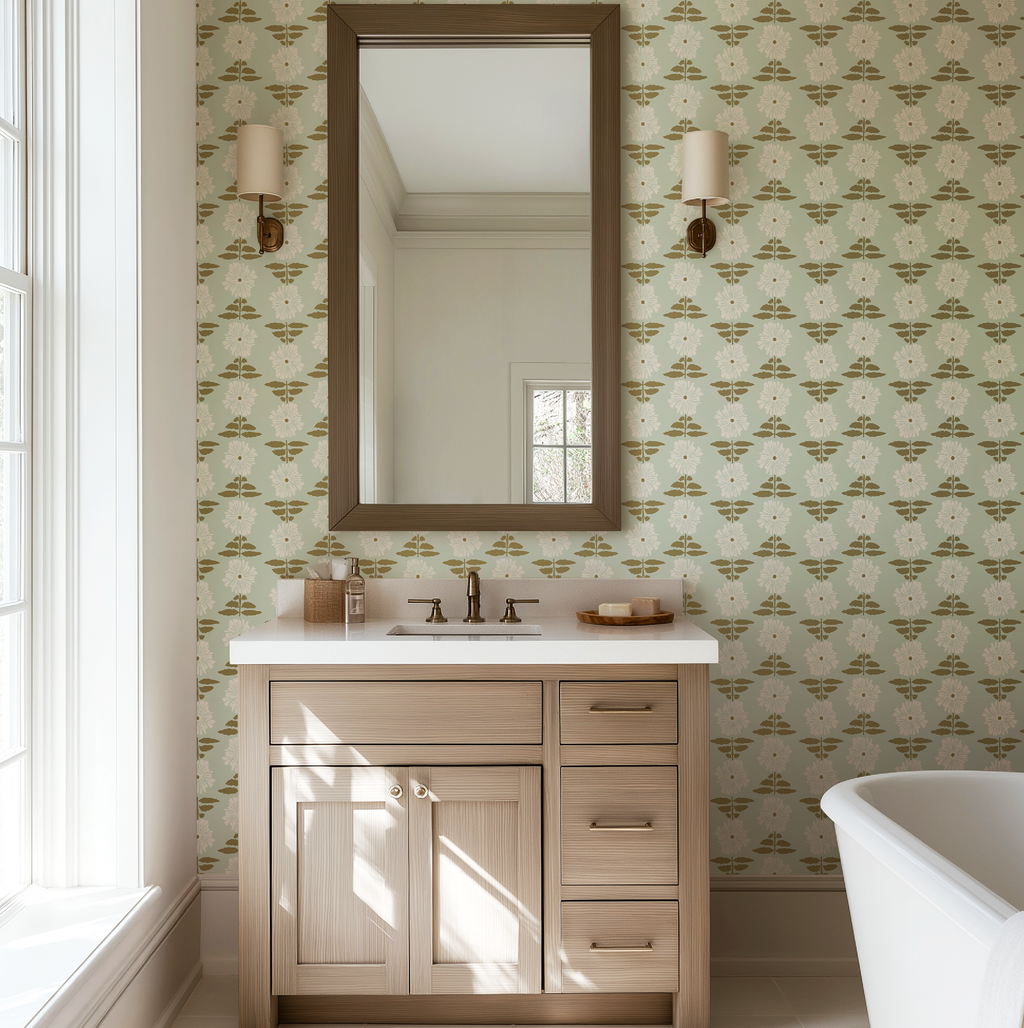 Vibrant Retro Floral Wallpaper - Mint Green Background