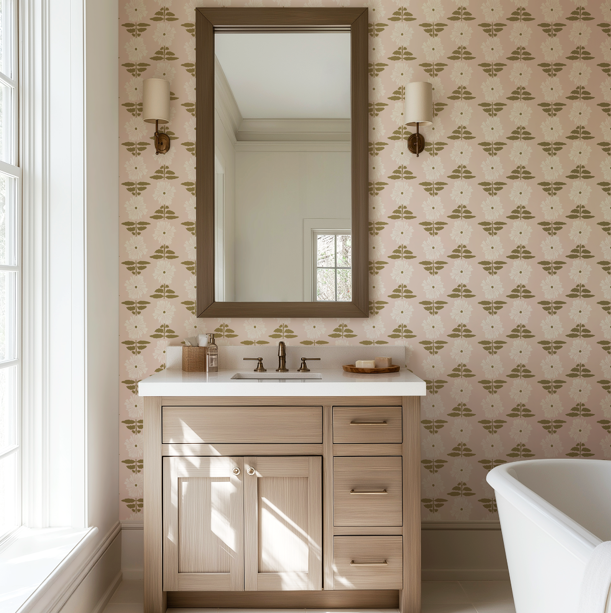 Vibrant Retro Floral Wallpaper - Blush Pink Background