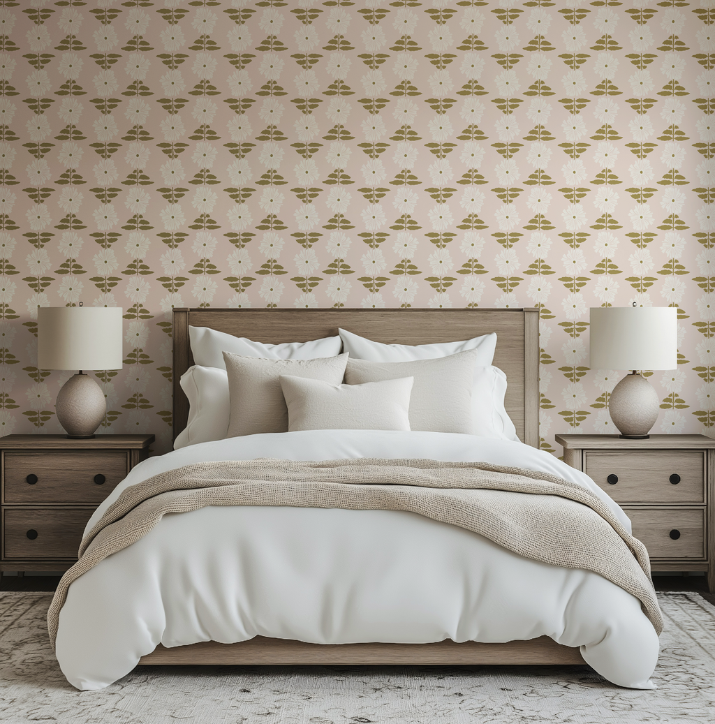 Vibrant Retro Floral Wallpaper - Blush Pink Background