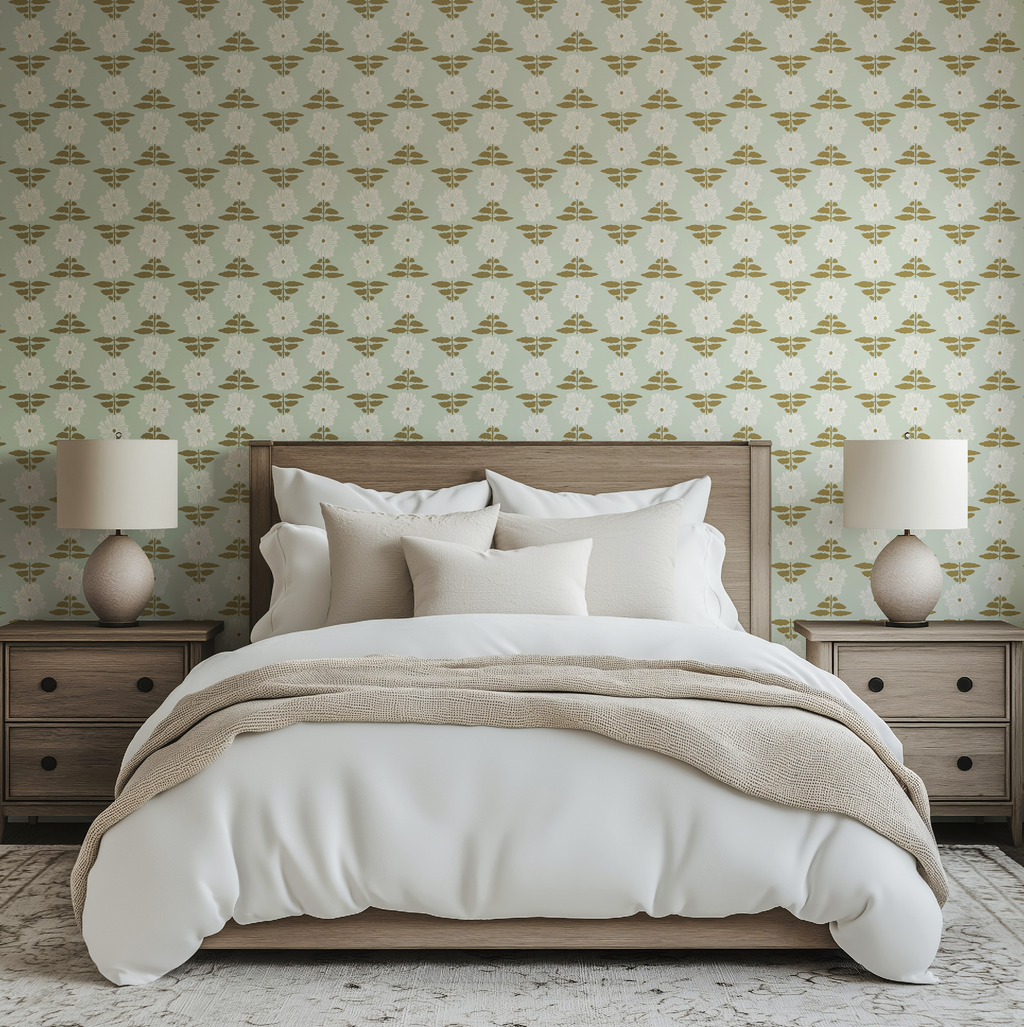 Vibrant Retro Floral Wallpaper - Mint Green Background