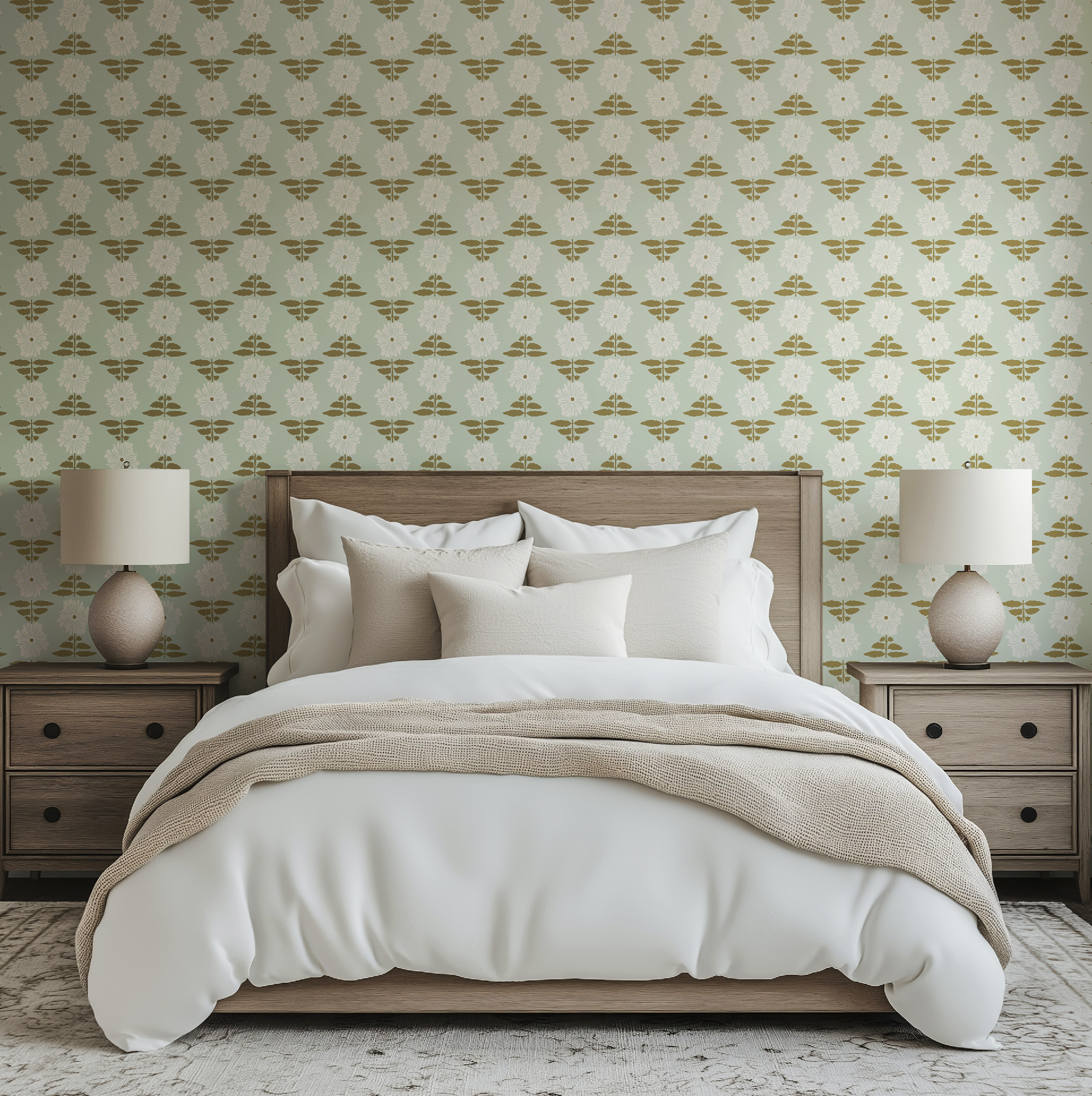 Vibrant Retro Floral Wallpaper - Mint Green Background