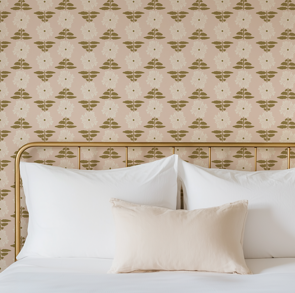 Vibrant Retro Floral Wallpaper - Blush Pink Background