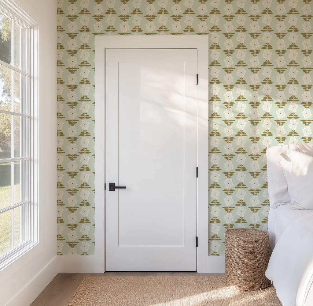 Vibrant Retro Floral Wallpaper - Mint Green Background