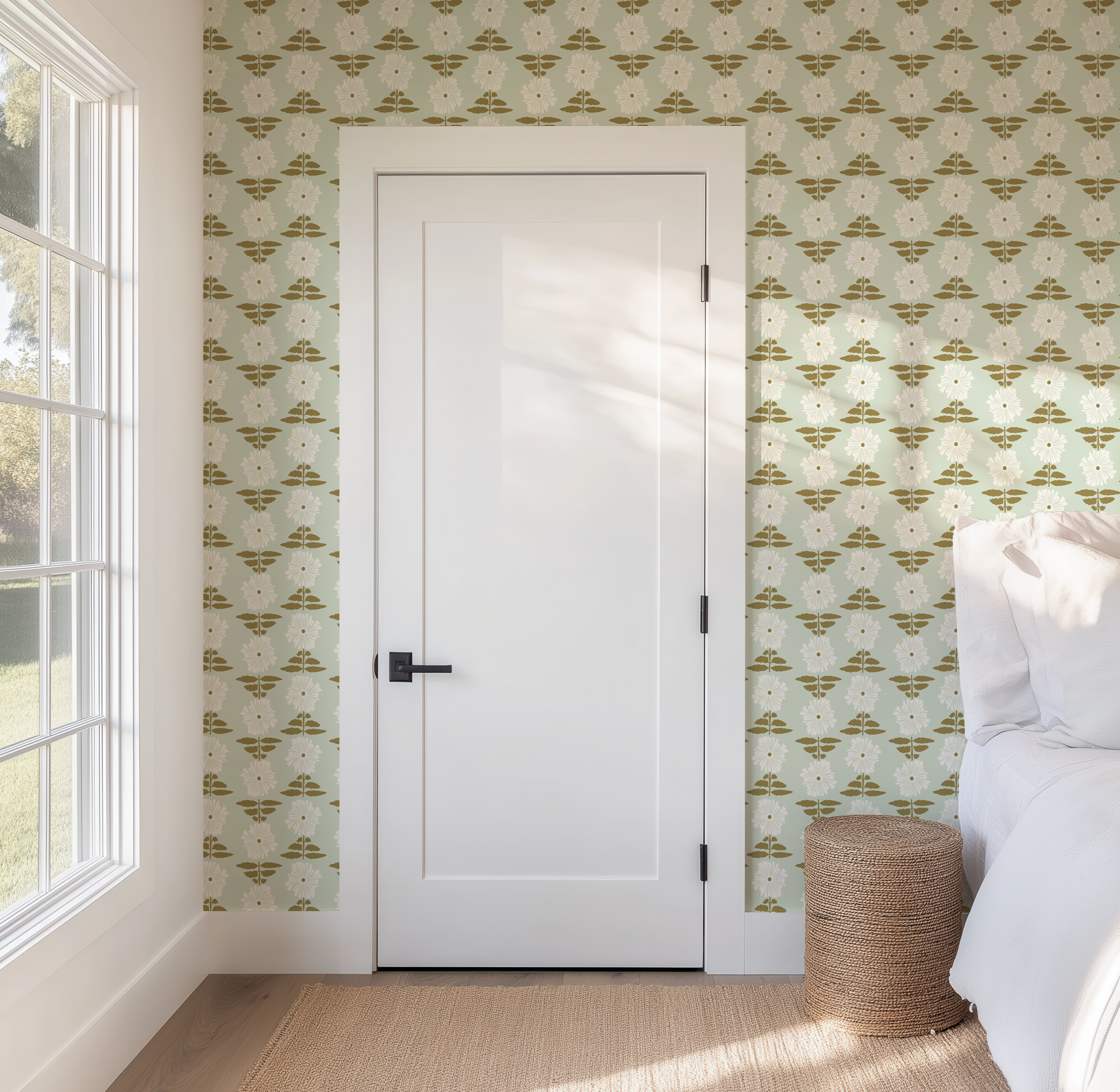 Vibrant Retro Floral Wallpaper - Mint Green Background