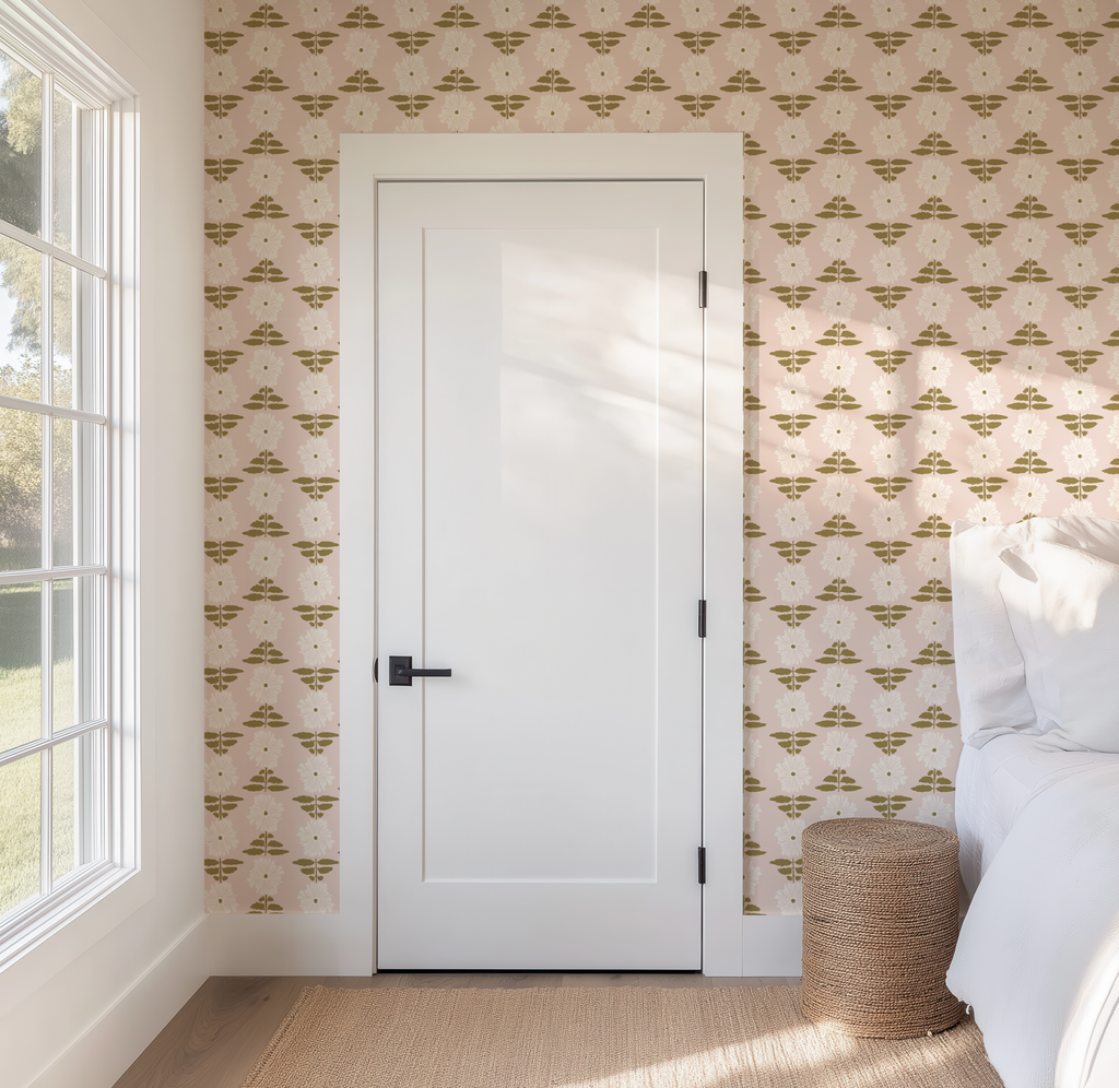 Vibrant Retro Floral Wallpaper - Blush Pink Background