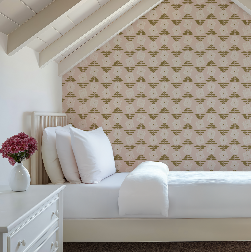 Vibrant Retro Floral Wallpaper - Blush Pink Background