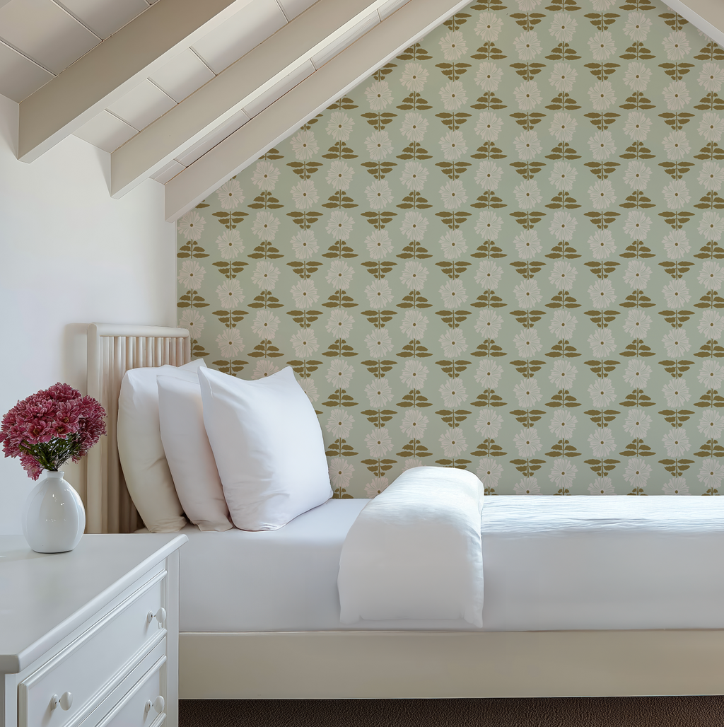 Vibrant Retro Floral Wallpaper - Mint Green Background