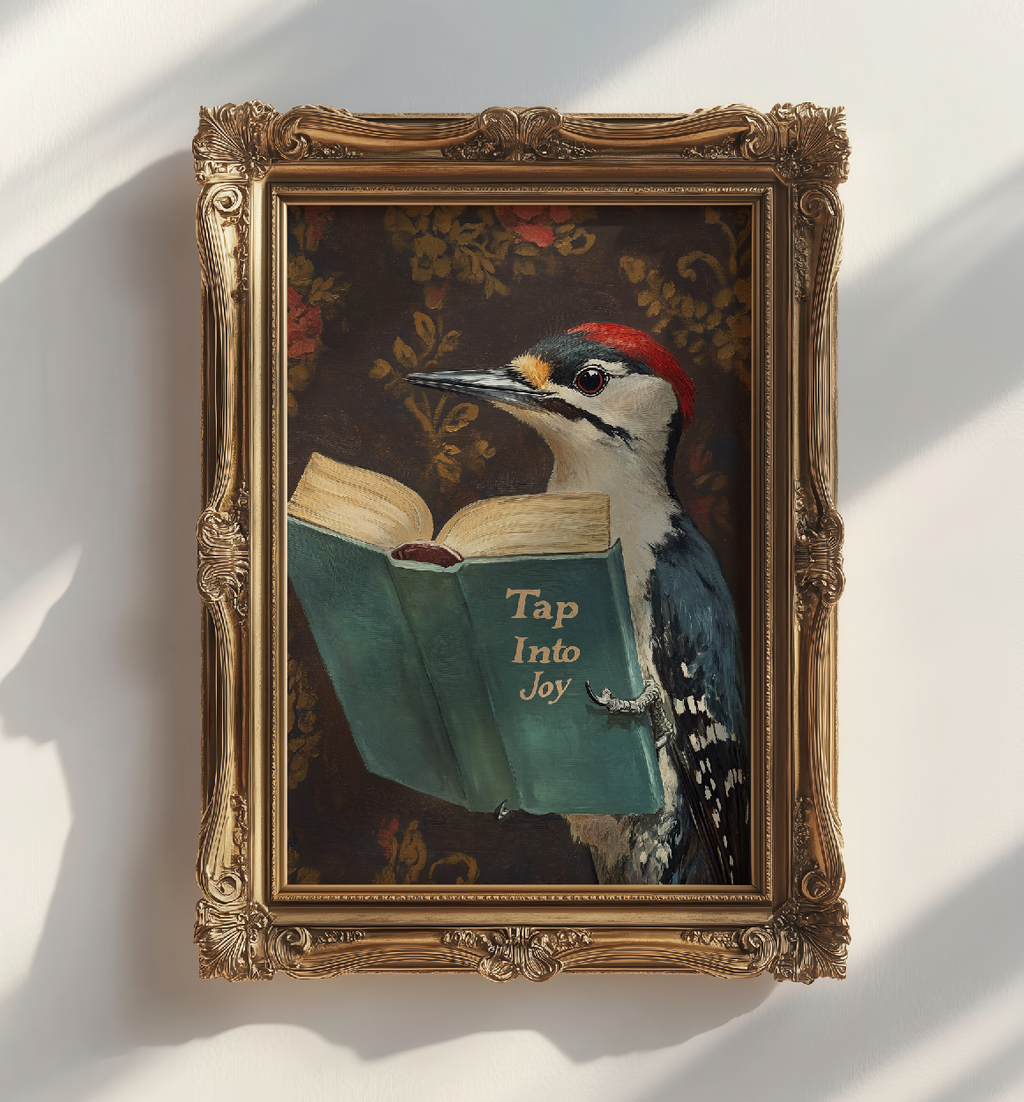Woodpecker Reading Book Art Print – Motivational Wall Decor, Funny Animal Illustration, Literary Bird Art, Nature Lover Gift