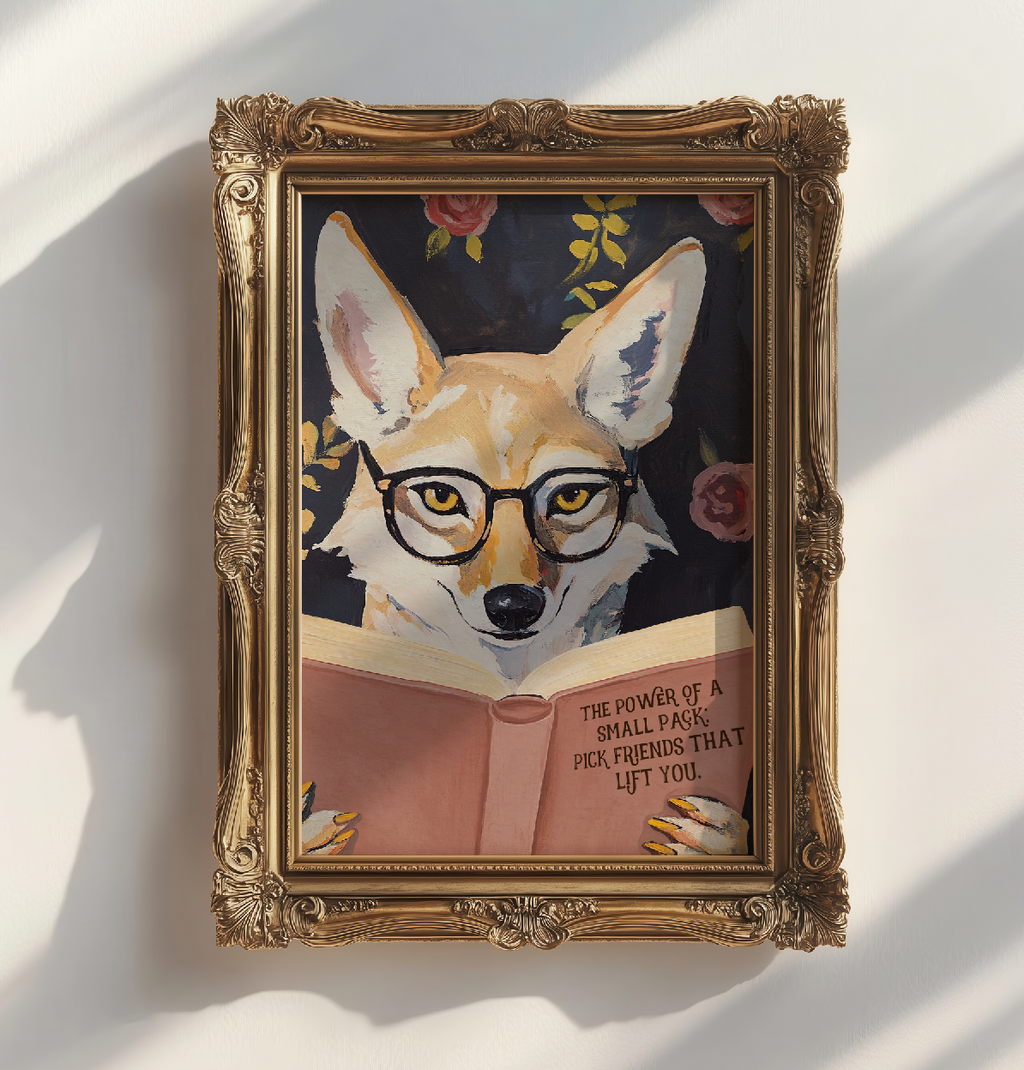 Coyote Reading Book Art Print – Literary Animal Wall Decor, Motivational Quote, Book Lover Gift, Cozy Reading Nook Art
