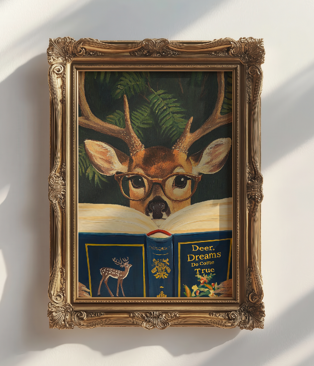 Funny Deer Reading Book Art Print – Motivational Wall Decor, Literary Animal Illustration, Book Lover Gift, Cozy Reading Nook Art